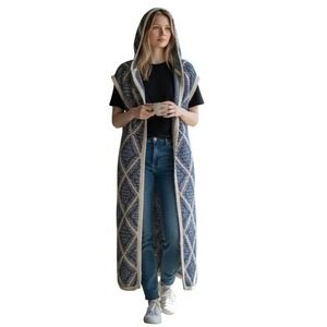 Sage Flower Womens Knit Vest Sz L/XL Hoodie Blue White Diamond Pattern L XL